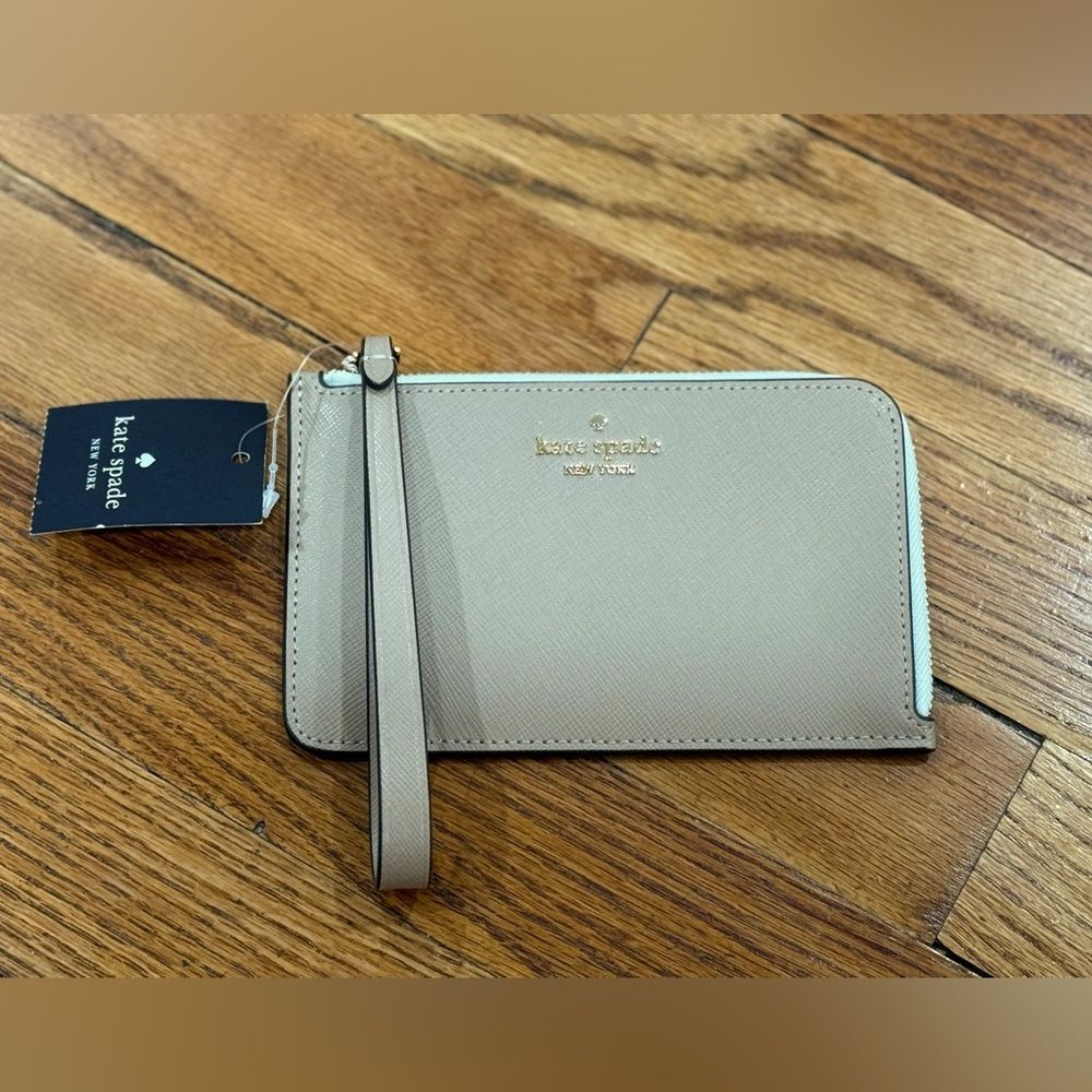 Kate Spade Lucy Saffiano Leather Wristlet Wallet Taupe Tan White NWT